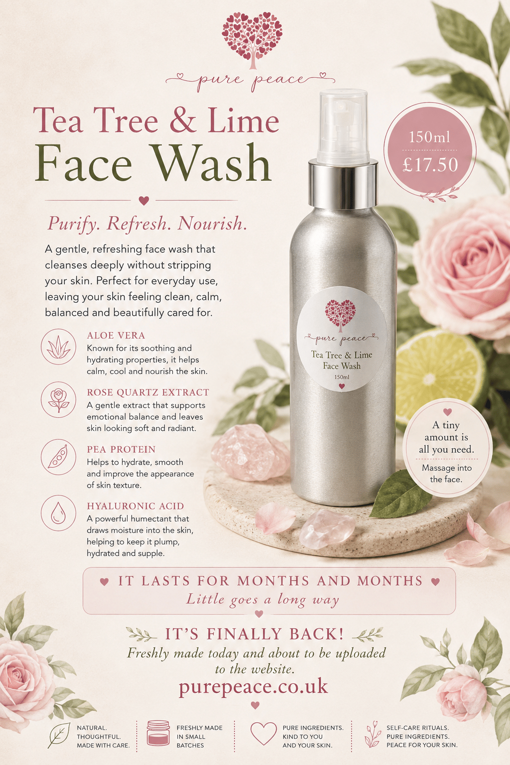 Aloe Face Wash with Rose Quartz, Tea Tree & Lime